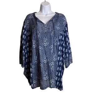 Catherines Women’s Blue Paisley 100% Cotton Split Neck Top Size 1X Flowy Boho